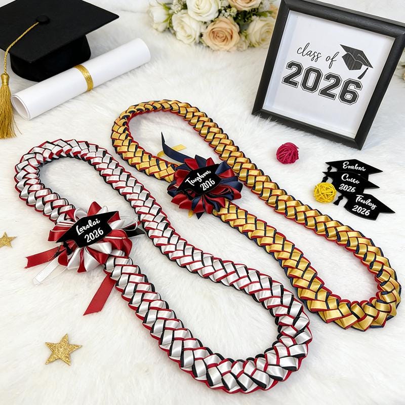 Personalized Graduation Lei Class Of 2026, Custom Name & Year Cap, Handmade Double Braided Ribbon Lei, High School Senior Gift,