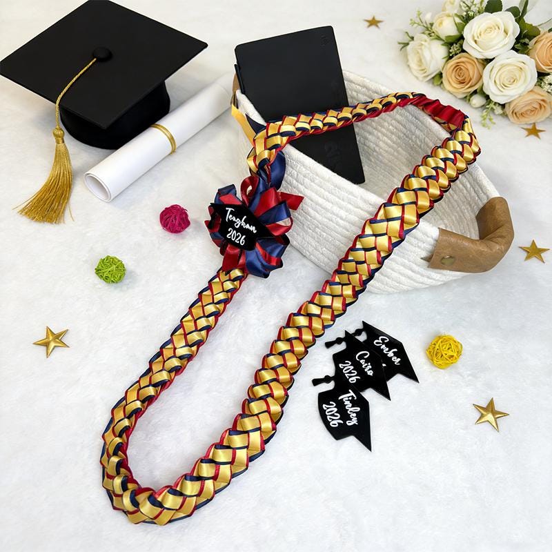 Personalized Graduation Lei Class Of 2026, Custom Name & Year Cap, Handmade Double Braided Ribbon Lei, High School Senior Gift,