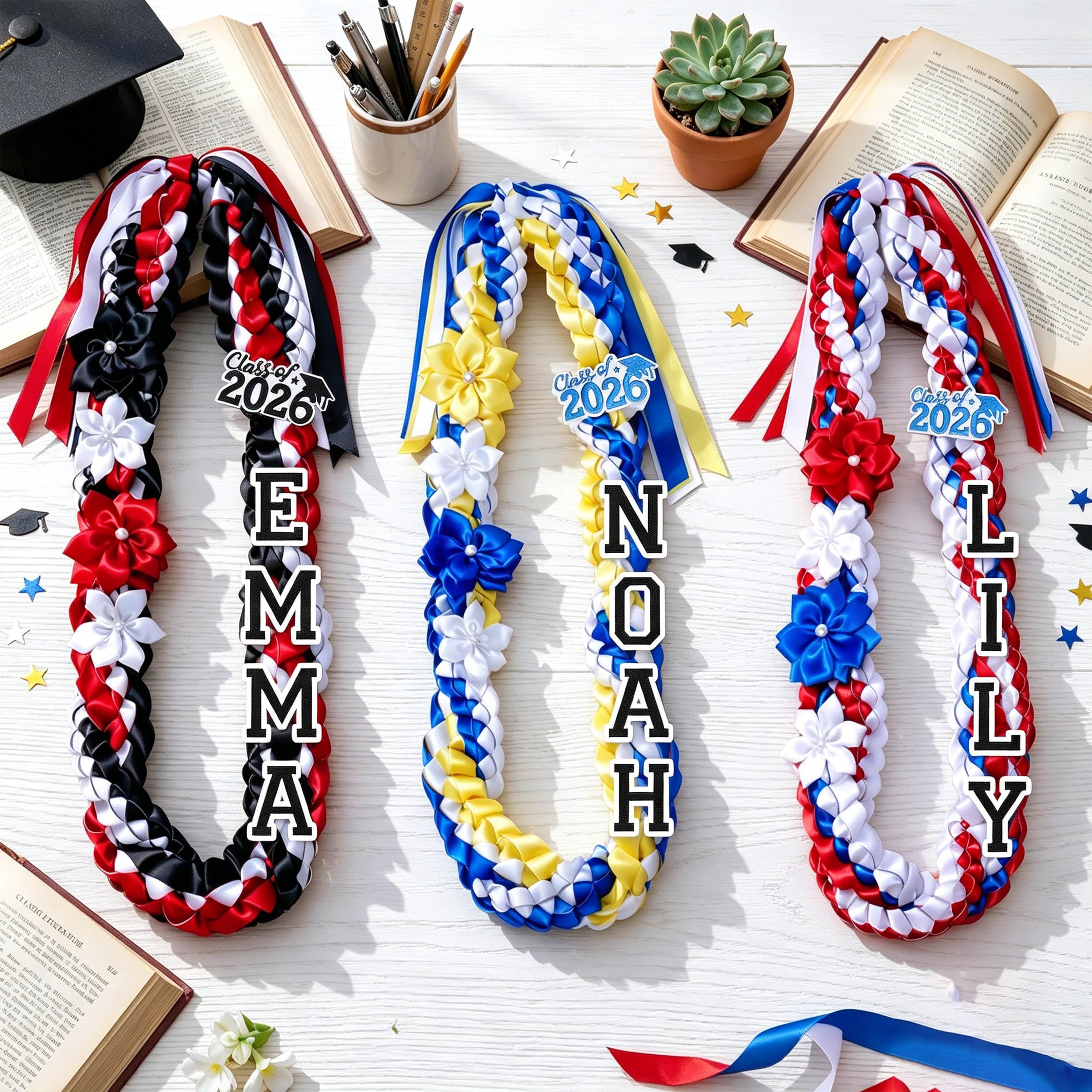 Personalized Double Braided Ribbon Lei, Custom Grad Cap, Class Of 2026 Graduation Gift