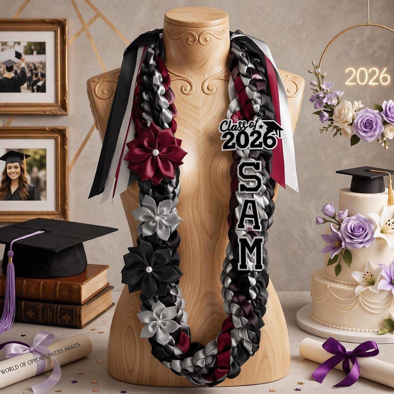 Personalized Tri-color Graduation Lei, Class Of 2026 Keepsake, Double Braided Ribbon Flowers