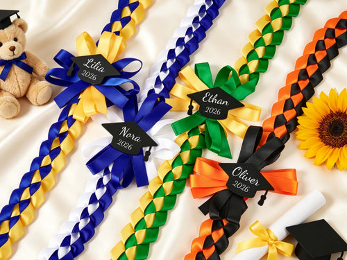 Ersonalized Tri-color Graduation Lei , Custom Ribbon Colors, Class Of 2026 , Acrylic Grad Cap Charm Keepsake,double Braided