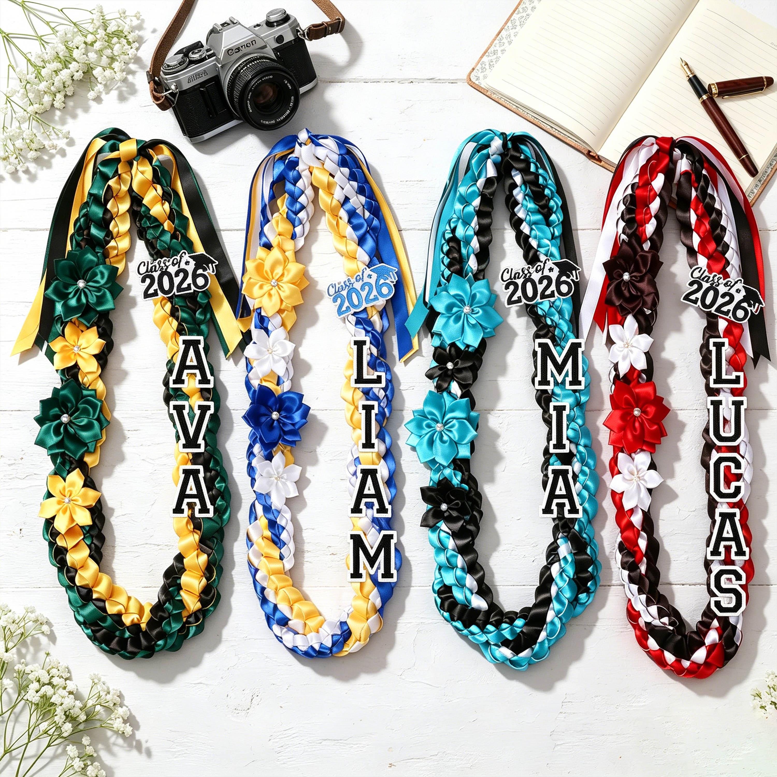 Personalized Double Braided Ribbon Lei, Custom Grad Cap, Class Of 2026 Graduation Gift