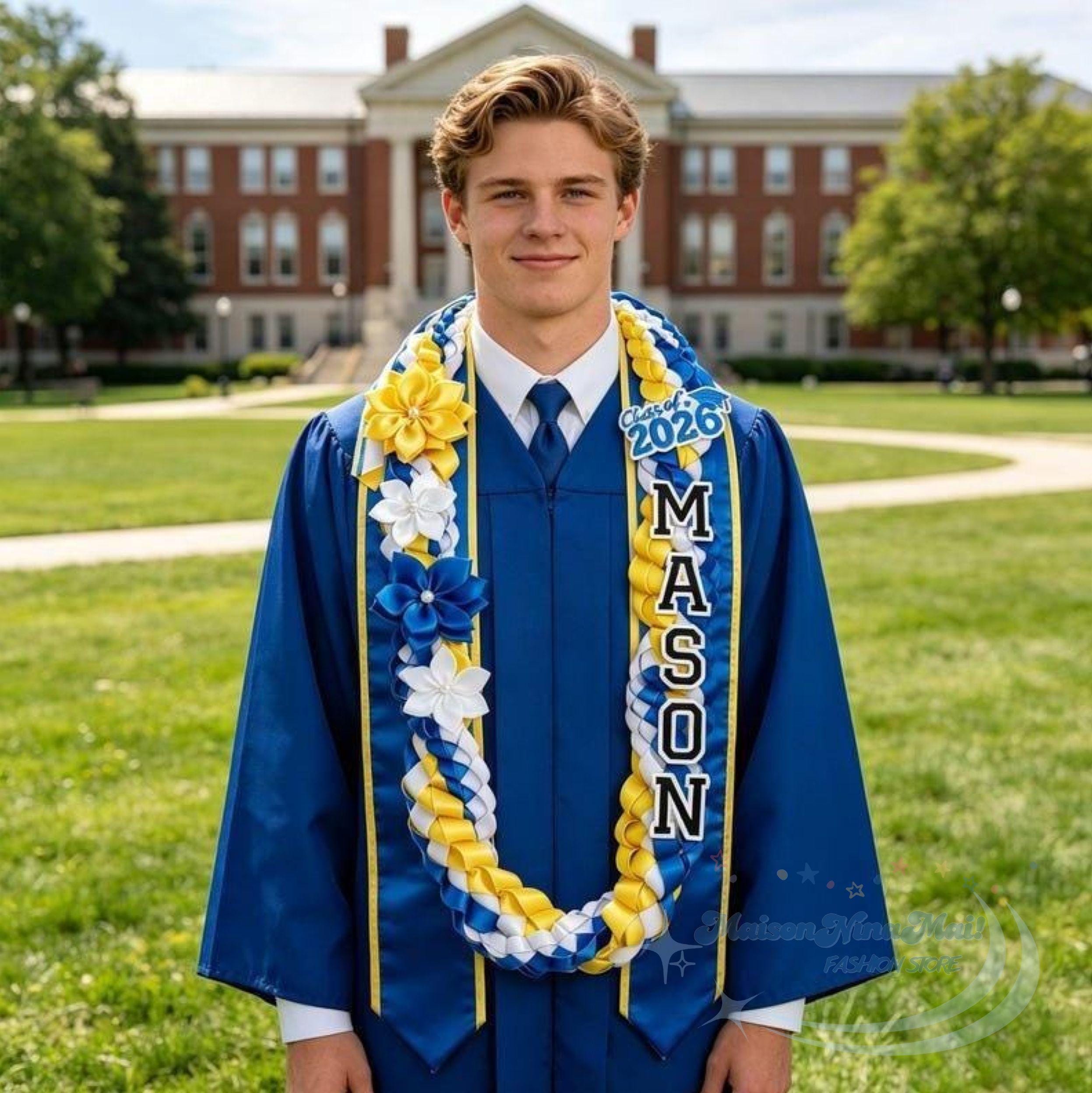 Personalized Graduation Lei 2026, Custom Name Ribbon Lei With Flowers, Double Braided Ribbon Lei Necklace, Class Of 2026 Satin Lei Flower