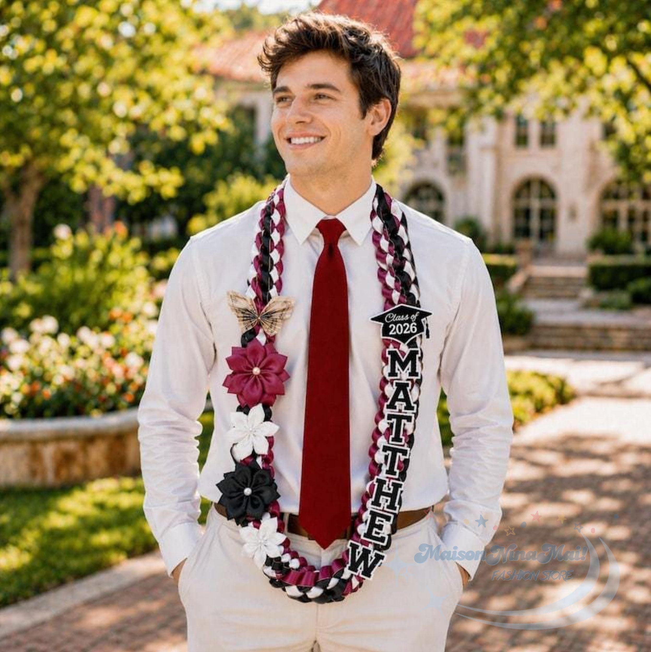 Personalized Graduation Lei 2026, Custom Name Ribbon Lei With Flowers, Double Braided Ribbon Lei Necklace, Class Of 2026 Satin Lei Flower