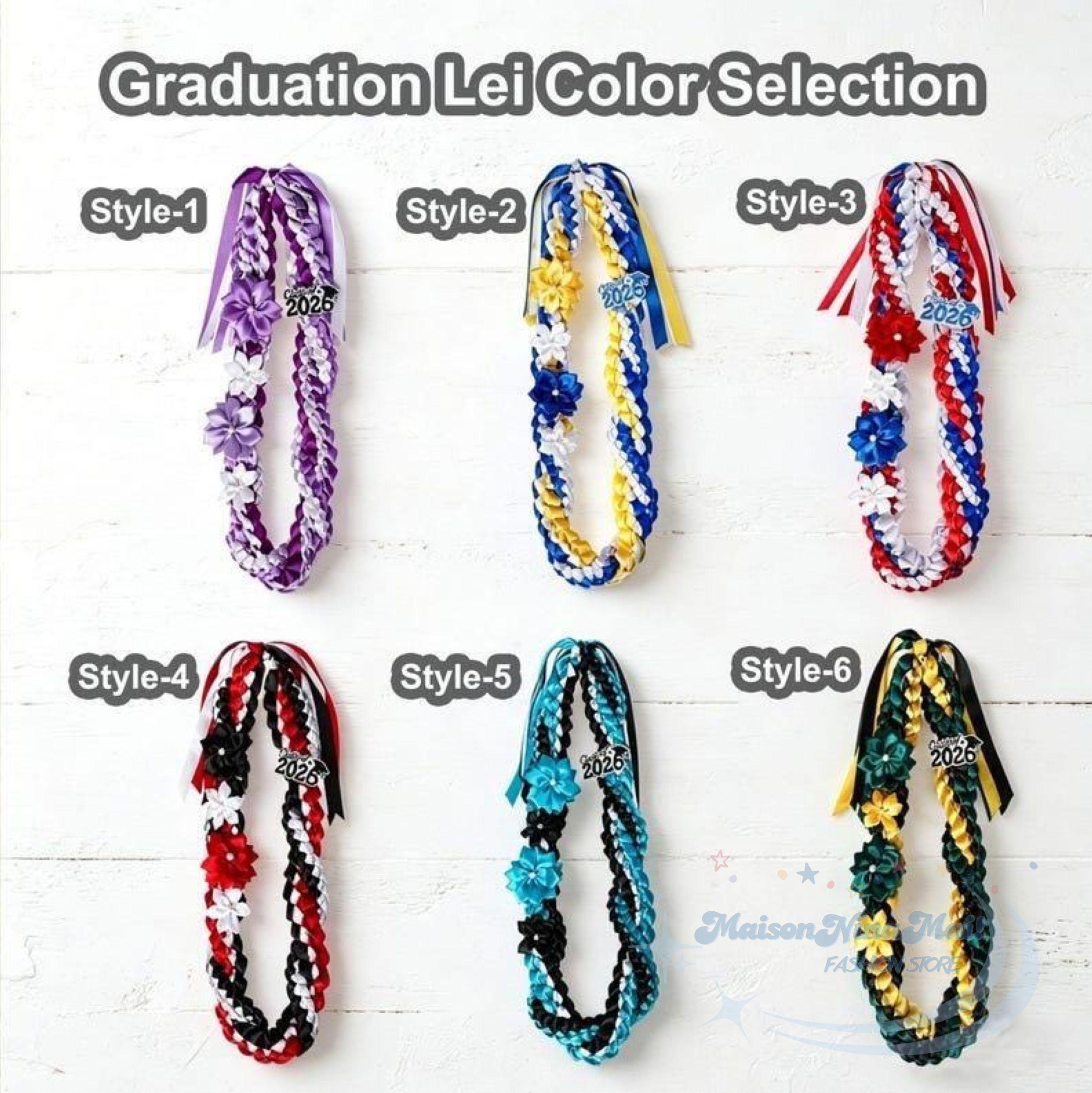 Personalized Graduation Lei 2026, Custom Name Ribbon Lei With Flowers, Double Braided Ribbon Lei Necklace, Class Of 2026 Satin Lei Flower
