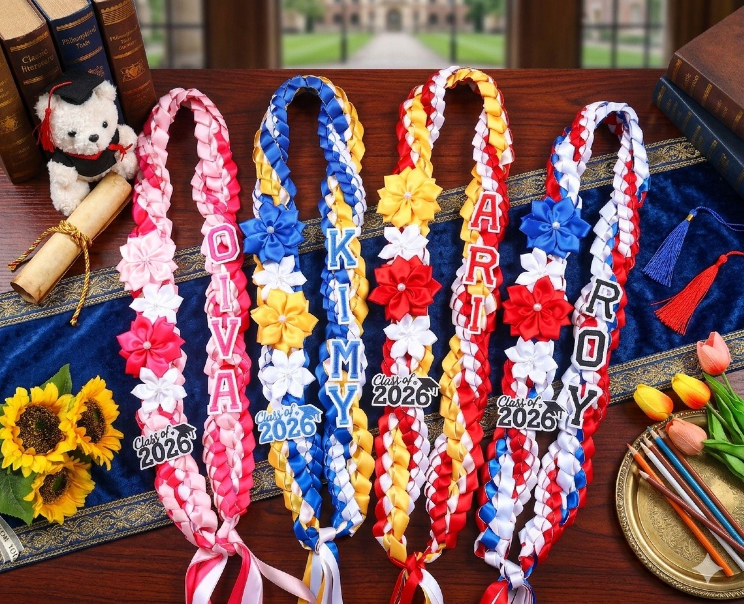 Custom Name Ribbon Lei With Flowers, Personalized Graduation Lei 2026, Custom Ribbon Lei, Personalized Name Senior Lei Class Of 2026 Gift