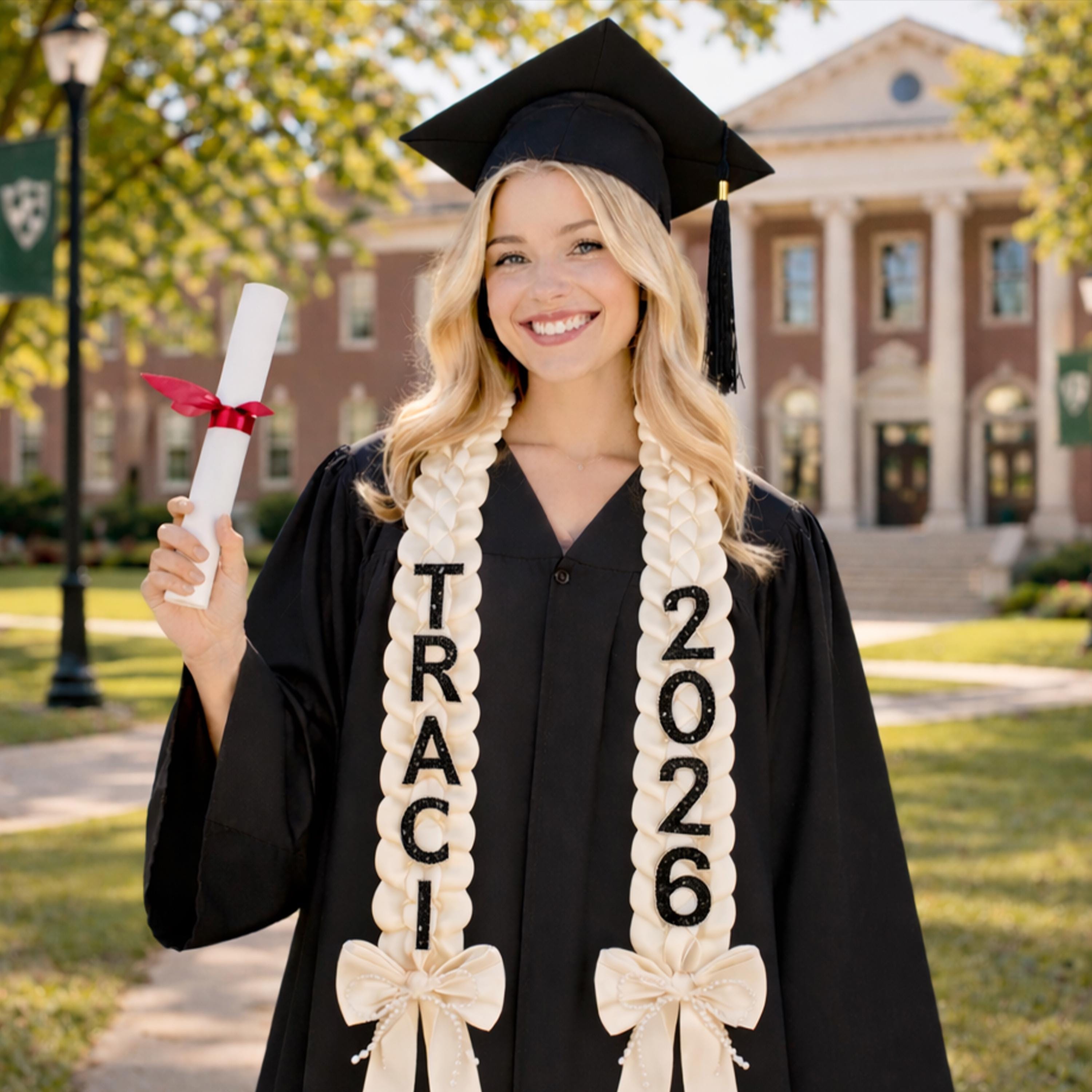 Handmade Satin Ribbon Graduation Stole, Ribbon & Fabric Lei, Custom Grad Sash With Rhinesrone Letters, Senior Photo Prop