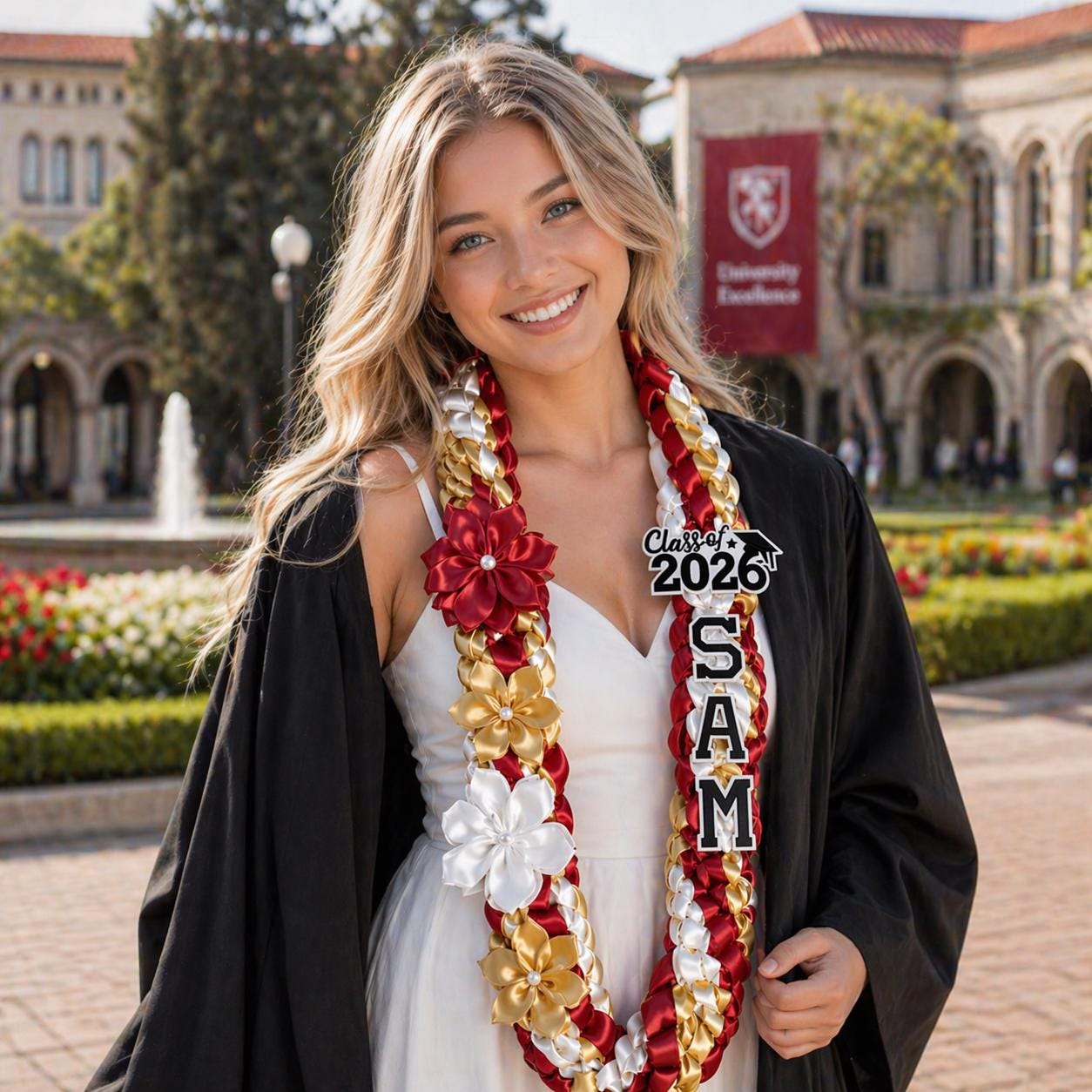 Personalized Tri-color Graduation Lei, Class Of 2026 Keepsake, Double Braided Ribbon Flowers