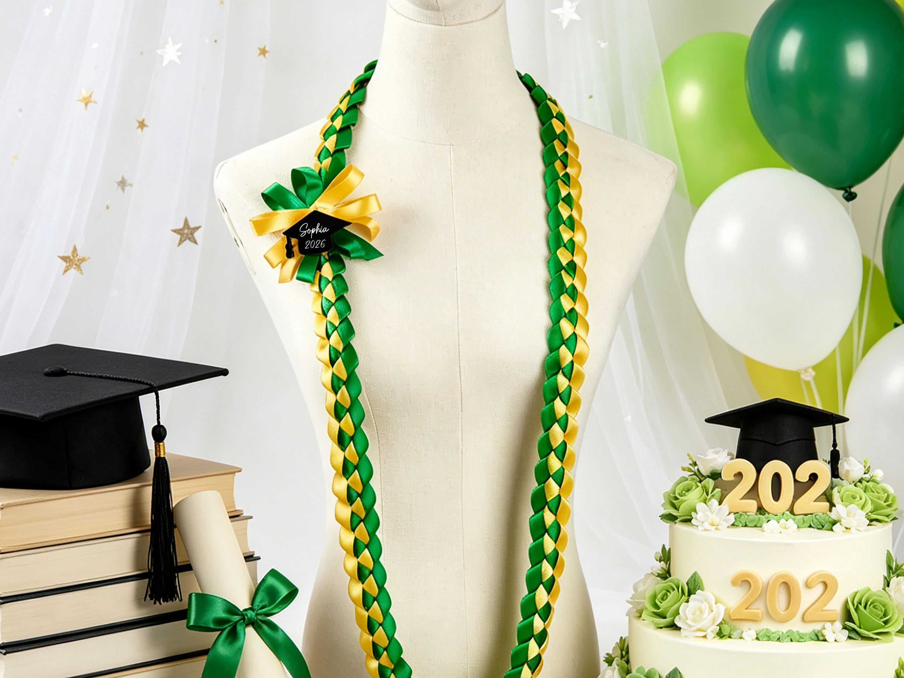 Ersonalized Tri-color Graduation Lei , Custom Ribbon Colors, Class Of 2026 , Acrylic Grad Cap Charm Keepsake,double Braided