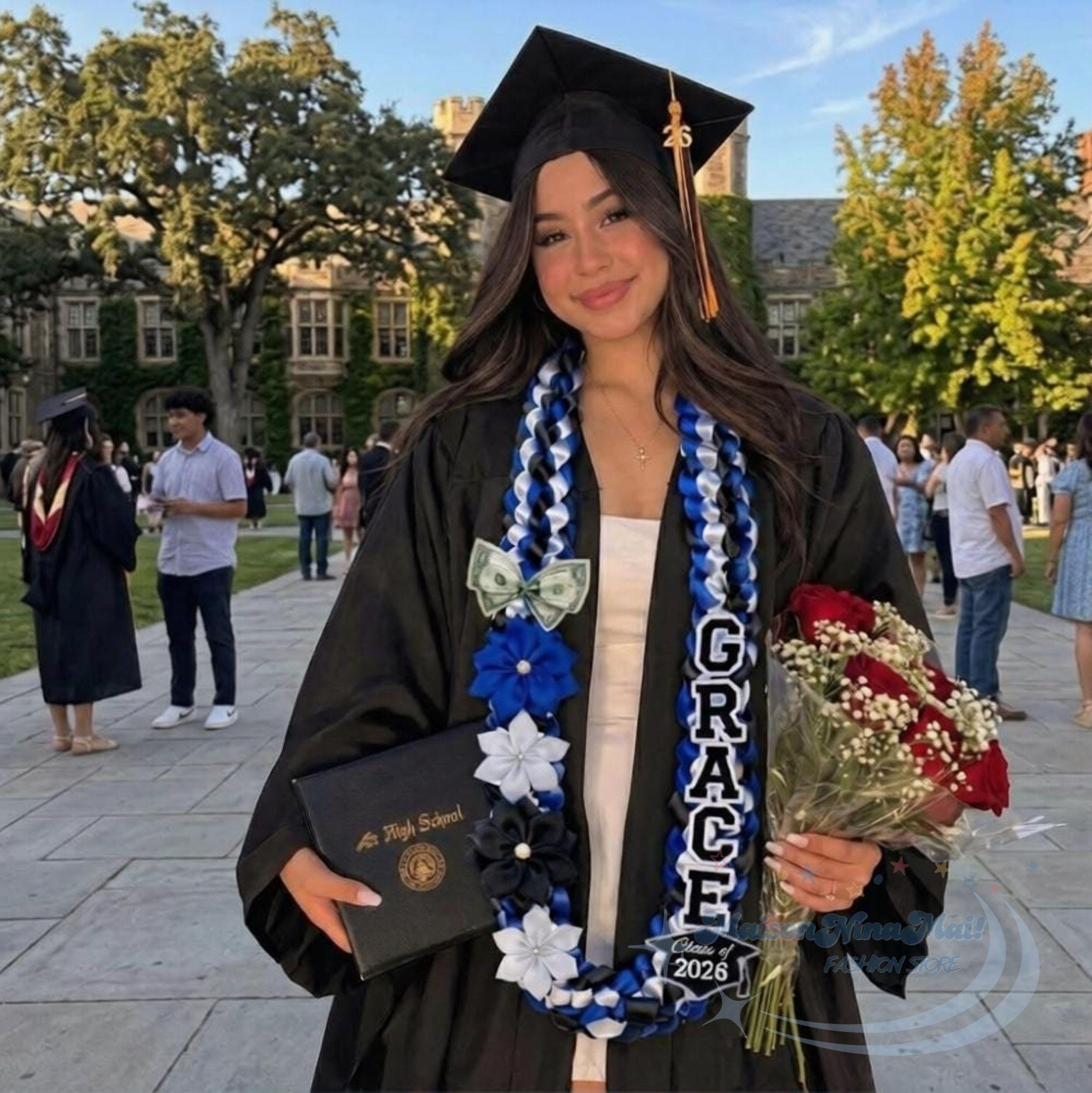 Personalized Graduation Lei 2026, Custom Name Ribbon Lei With Flowers, Double Braided Ribbon Lei Necklace, Class Of 2026 Satin Lei Flower