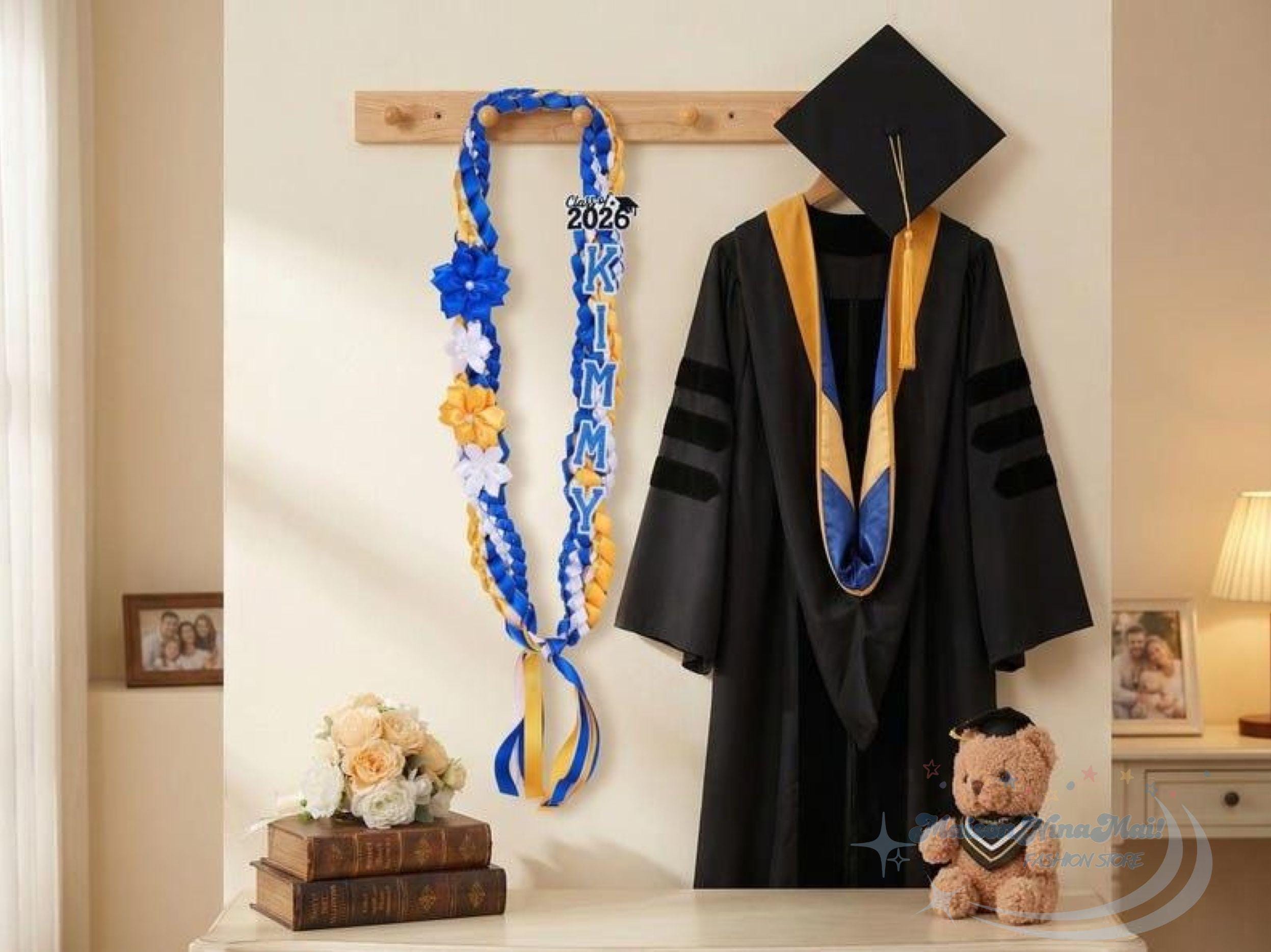 Personalized Graduation Lei 2026, Custom Name Ribbon Lei With Flowers, Double Braided Ribbon Lei Necklace, Class Of 2026 Satin Lei Flower
